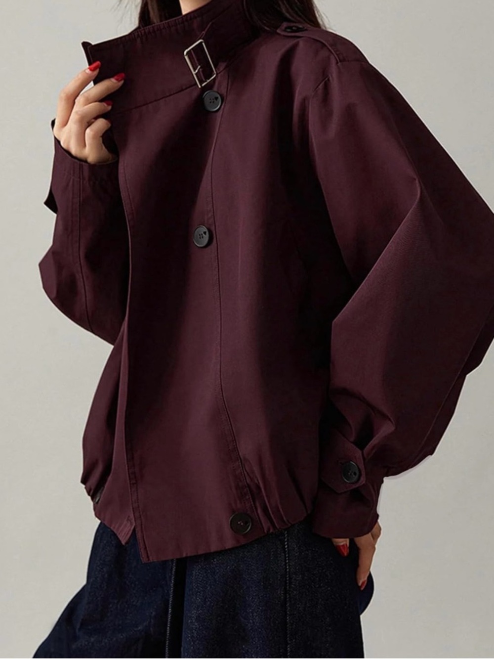 Women's Cropped Trench Jacket - Burgundy - Picture 2 of 6
